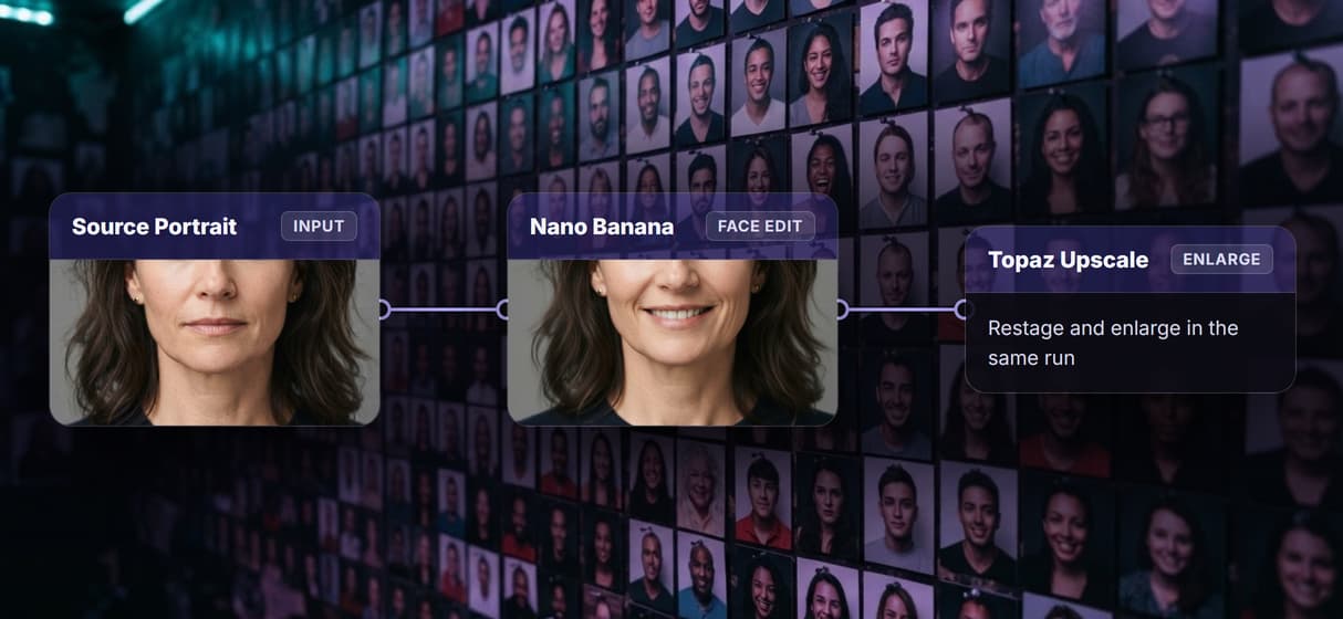 Chain the face edit, upscale, and swap