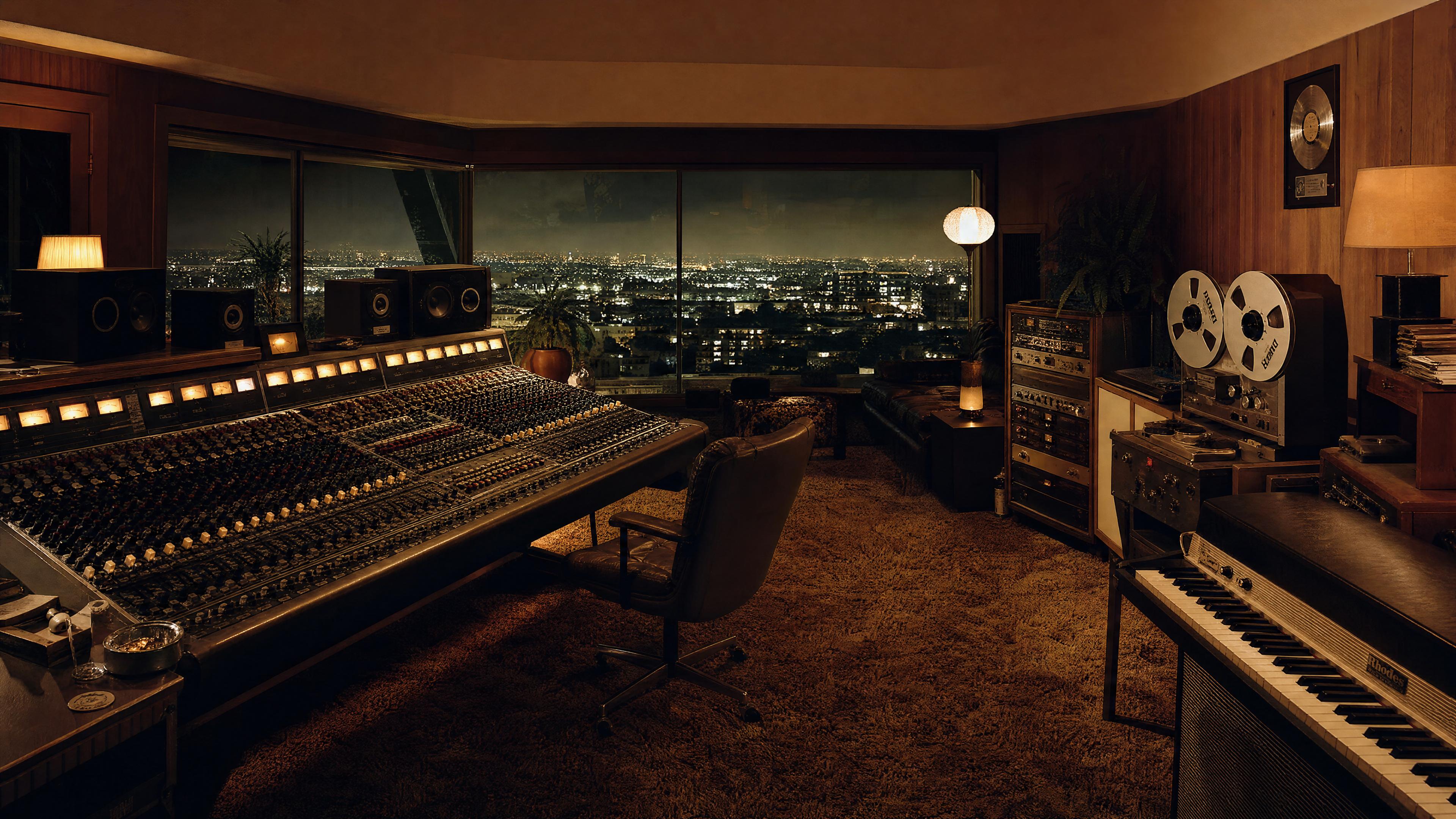 A recording studio at night, mixing desk in the foreground and a city skyline through the window.
