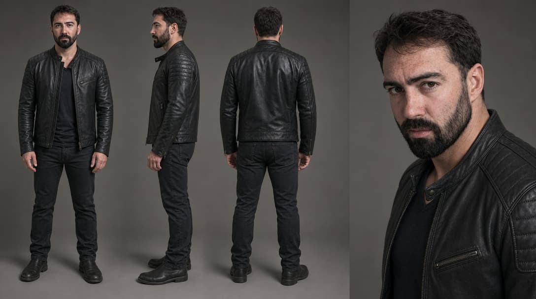 A turnaround sheet of a bearded man in a black leather jacket, front, side, back and a close up.