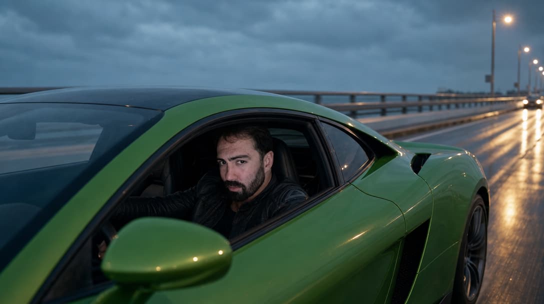 A green supercar on a wet bridge at dusk, the driver visible through the side window.