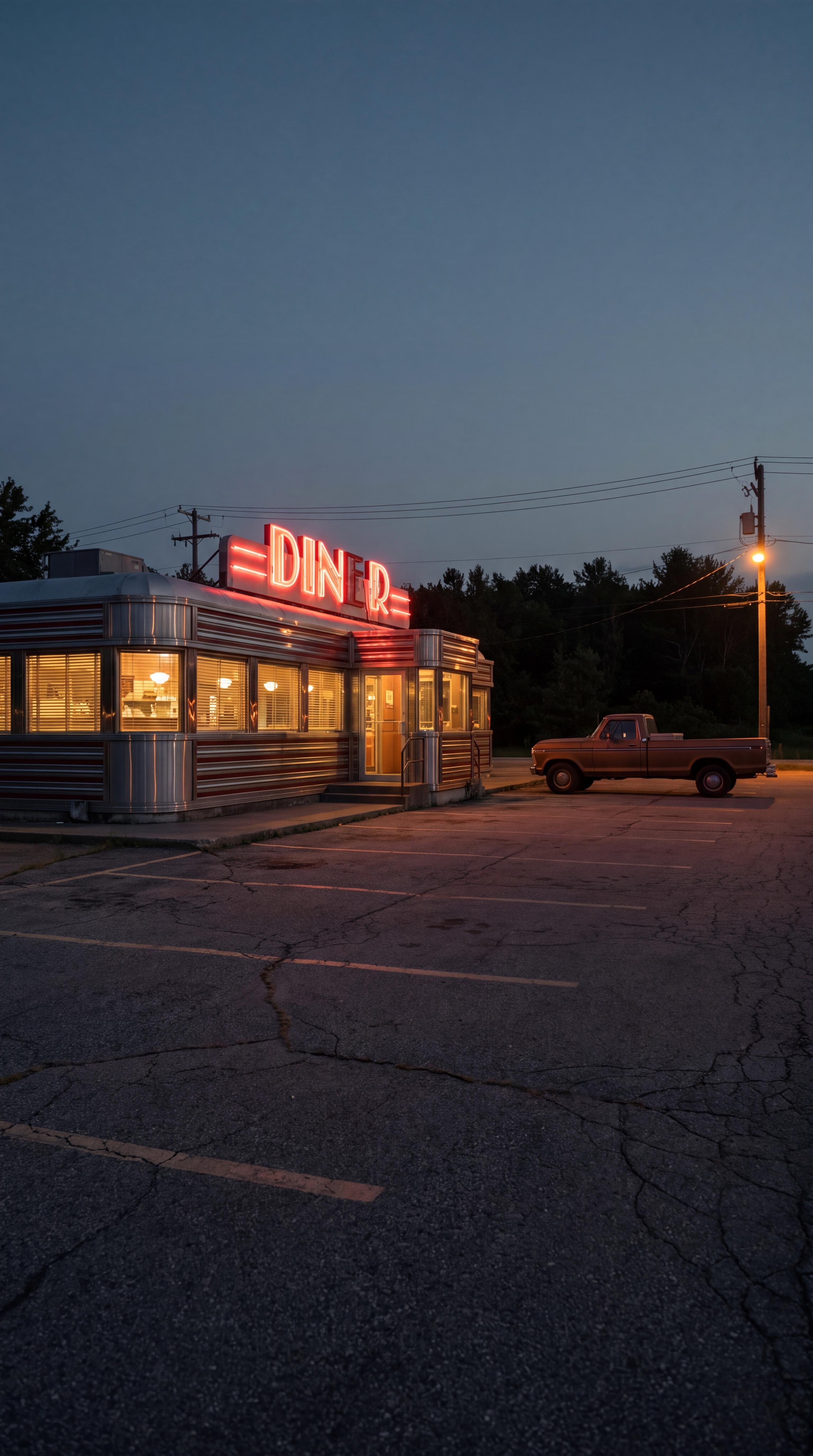 A roadside diner lit from inside at dusk, neon sign on the roof and a pickup parked outside.