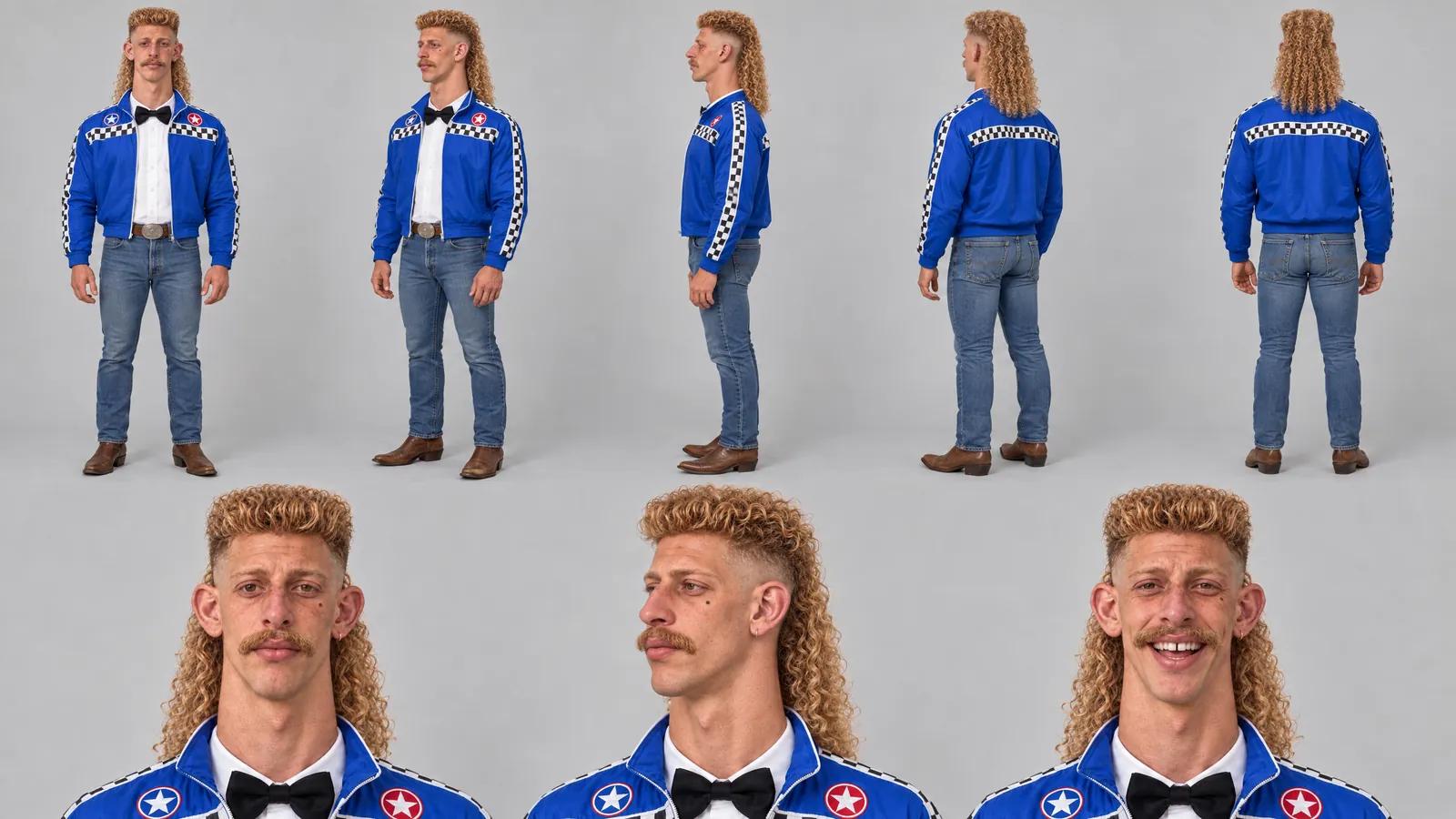 Barnaby’s character sheet: front, side and back views and face close-ups, AI-generated