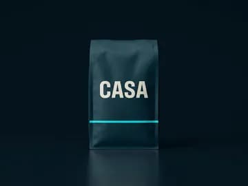 AI-generated CASA coffee bag product shot on a dark background