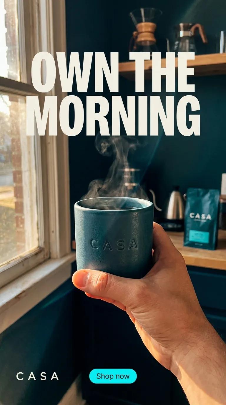AI-generated CASA coffee ad, vertical UGC format: hand holding a steaming CASA mug, headline Own the Morning