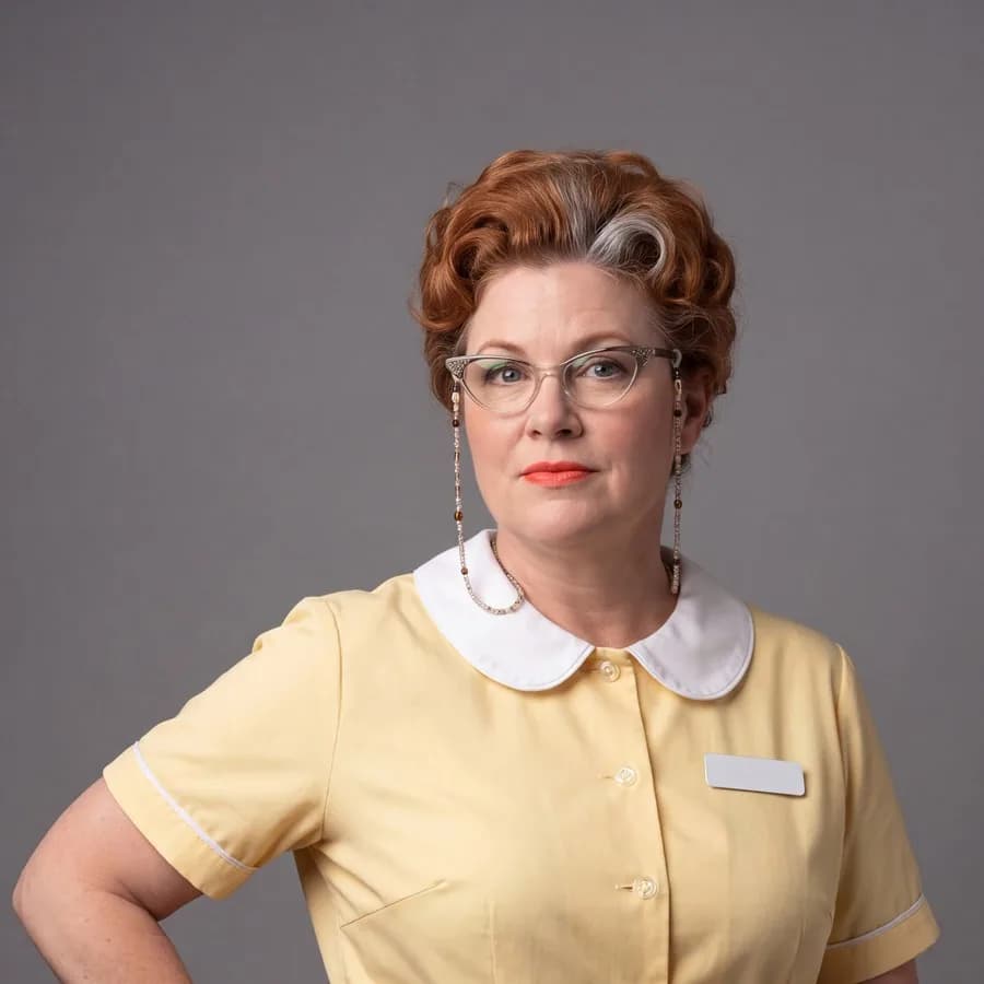 Character reference sheet of the diner waitress on a plain studio backdrop