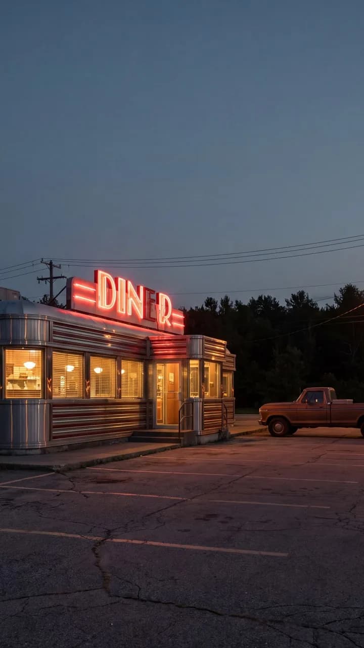 Roadside diner at dusk with its neon sign lit, a location plate from a film made in Wireflow
