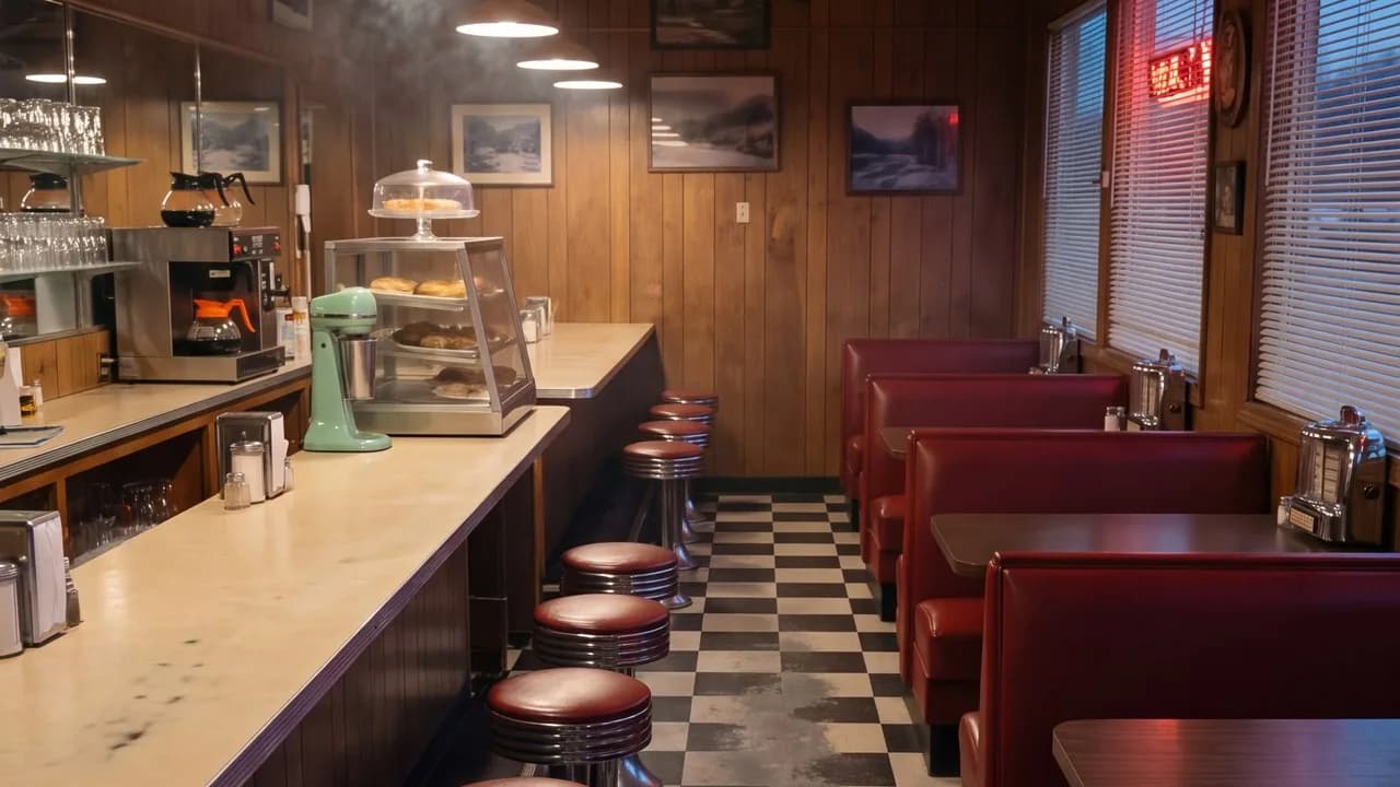 Diner interior with the counter, stools and booths, a set plate from a film made in Wireflow