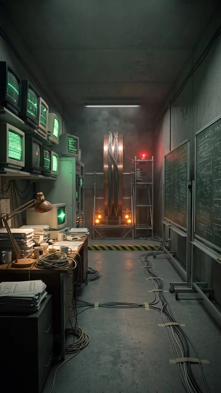 Green-lit laboratory corridor, a location plate from a film made in Wireflow