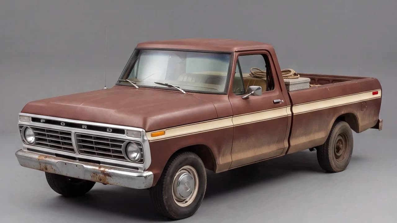 Reference sheet of the film’s 1970s pickup truck on a plain studio backdrop