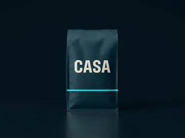 AI-generated CASA coffee bag product shot on a dark background